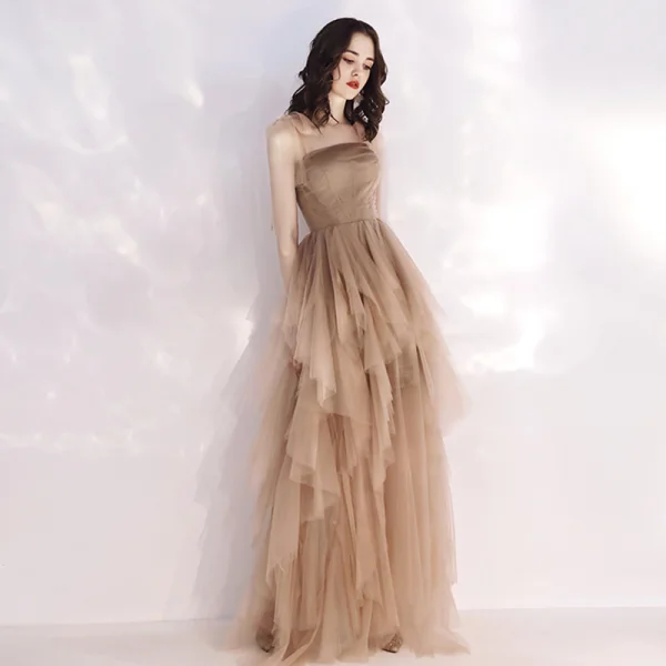 Affordable Champagne Summer Evening Dresses 2019 A-Line / Princess Shoulders Sleeveless Floor-Length / Long Cascading Ruffles Backless Formal Dresses