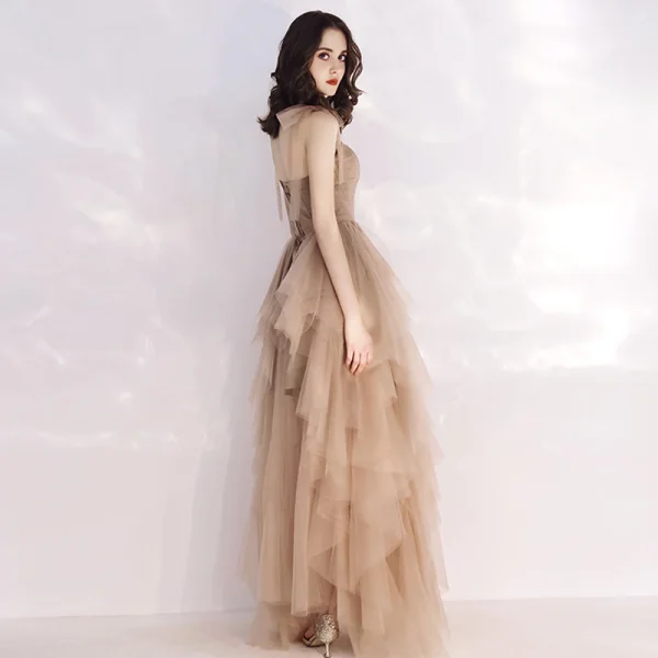 Affordable Champagne Summer Evening Dresses 2019 A-Line / Princess Shoulders Sleeveless Floor-Length / Long Cascading Ruffles Backless Formal Dresses