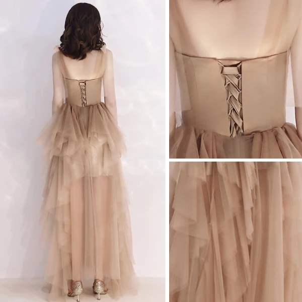 Affordable Champagne Summer Evening Dresses 2019 A-Line / Princess Shoulders Sleeveless Floor-Length / Long Cascading Ruffles Backless Formal Dresses