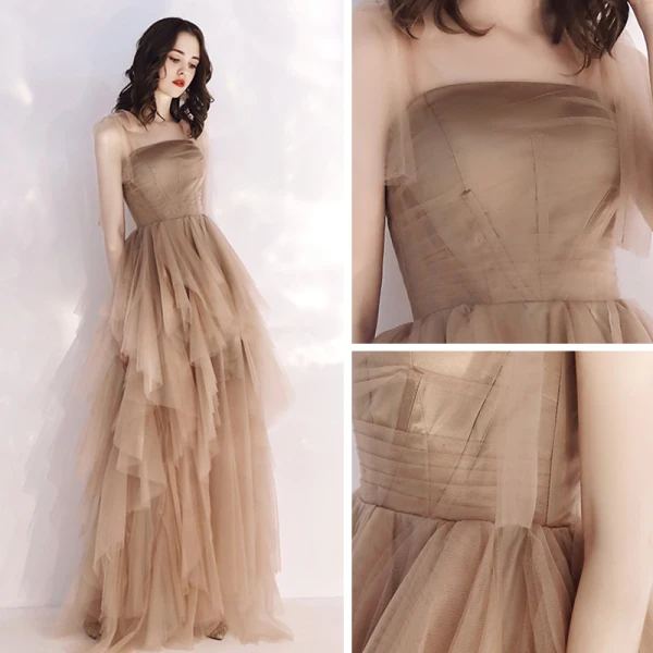 Affordable Champagne Summer Evening Dresses 2019 A-Line / Princess Shoulders Sleeveless Floor-Length / Long Cascading Ruffles Backless Formal Dresses