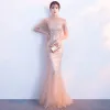 Chic / Beautiful Champagne See-through Evening Dresses  2019 Trumpet / Mermaid Scoop Neck 1/2 Sleeves Glitter Tulle Floor-Length / Long Formal Dresses