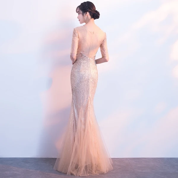 Chic / Belle Champagne Transparentes Robe De Soirée 2019 Trompette / Sirène Encolure Dégagée 1/2 Manches Glitter Tulle Longue Robe De Ceremonie