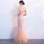 Chic / Belle Champagne Transparentes Robe De Soirée 2019 Trompette / Sirène Encolure Dégagée 1/2 Manches Glitter Tulle Longue Robe De Ceremonie