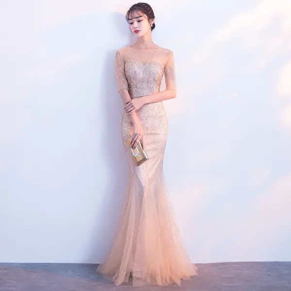 Chic / Beautiful Champagne See-through Evening Dresses  2019 Trumpet / Mermaid Scoop Neck 1/2 Sleeves Glitter Tulle Floor-Length / Long Formal Dresses