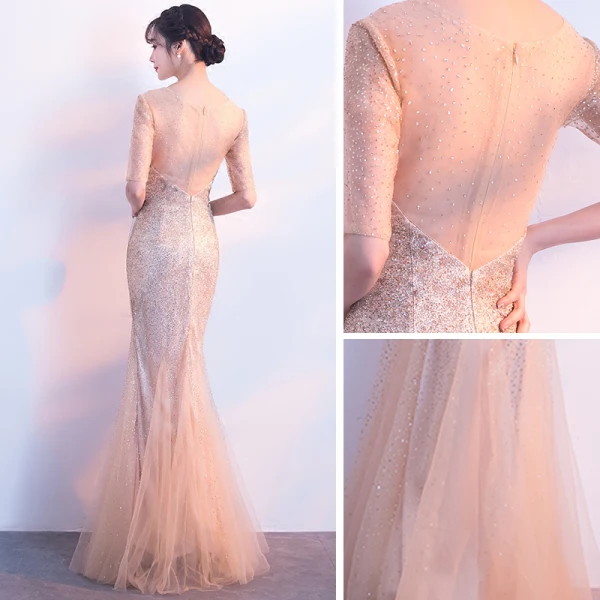 Chic / Belle Champagne Transparentes Robe De Soirée 2019 Trompette / Sirène Encolure Dégagée 1/2 Manches Glitter Tulle Longue Robe De Ceremonie