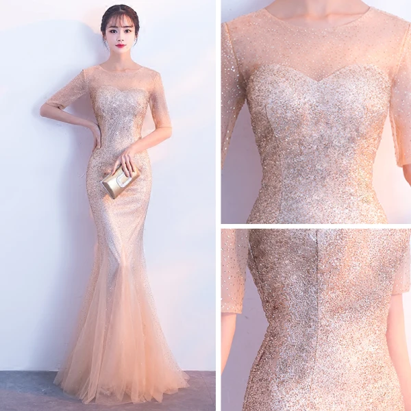 Chic / Belle Champagne Transparentes Robe De Soirée 2019 Trompette / Sirène Encolure Dégagée 1/2 Manches Glitter Tulle Longue Robe De Ceremonie