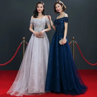 Chic Belle Gris Bleu Marine Robe De Soirée 2019 Princesse De L 039 Épaule Manches Courtes Appliques En Dentelle Perlage Train De Balayage Volants Dos Nu Robe De Ceremonie