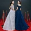 Chic / Belle Gris Bleu Marine Robe De Soirée 2019 Princesse De l'épaule Manches Courtes Appliques En Dentelle Perlage Train De Balayage Volants Dos Nu Robe De Ceremonie