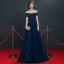 Chic / Belle Gris Bleu Marine Robe De Soirée 2019 Princesse De l'épaule Manches Courtes Appliques En Dentelle Perlage Train De Balayage Volants Dos Nu Robe De Ceremonie
