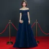 Chic / Beautiful Grey Navy Blue Evening Dresses  2019 A-Line / Princess Off-The-Shoulder Short Sleeve Appliques Lace Beading Sweep Train Ruffle Backless Formal Dresses