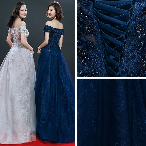 Chic / Belle Gris Bleu Marine Robe De Soirée 2019 Princesse De l'épaule Manches Courtes Appliques En Dentelle Perlage Train De Balayage Volants Dos Nu Robe De Ceremonie
