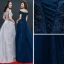 Chic / Belle Gris Bleu Marine Robe De Soirée 2019 Princesse De l'épaule Manches Courtes Appliques En Dentelle Perlage Train De Balayage Volants Dos Nu Robe De Ceremonie