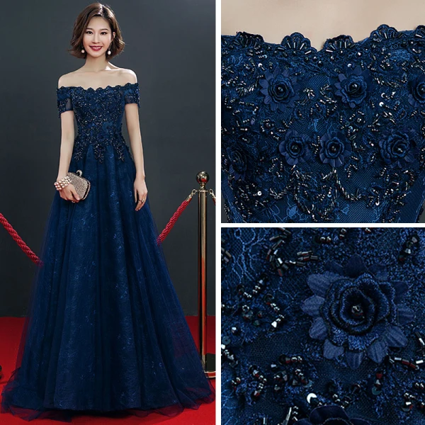 Chic / Belle Gris Bleu Marine Robe De Soirée 2019 Princesse De l'épaule Manches Courtes Appliques En Dentelle Perlage Train De Balayage Volants Dos Nu Robe De Ceremonie