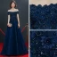 Chic / Belle Gris Bleu Marine Robe De Soirée 2019 Princesse De l'épaule Manches Courtes Appliques En Dentelle Perlage Train De Balayage Volants Dos Nu Robe De Ceremonie