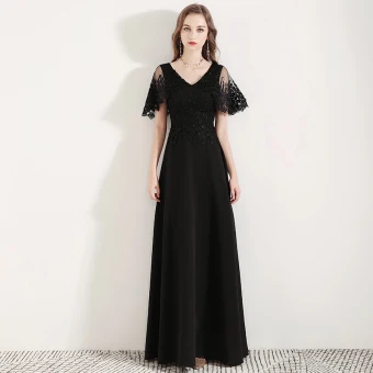 Affordable Black Evening Dresses 2019 A Line Princess V Neck Bell Sleeves Appliques Lace Flower Floor Length Long Ruffle Backless Formal Dresses