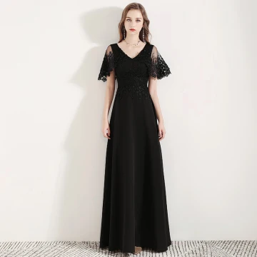 Abordable Noire Robe De Soirée 2019 Princesse V Cou Manches De Cloche Appliques En Dentelle Fleur Longue Volants Dos Nu Robe De Ceremonie