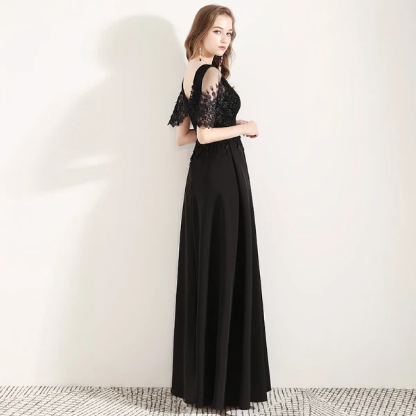 Affordable Black Evening Dresses 2019 A-Line / Princess V-Neck Bell sleeves Appliques Lace Flower Floor-Length / Long Ruffle Backless Formal Dresses