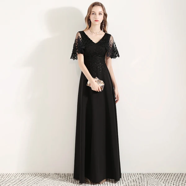 Affordable Black Evening Dresses 2019 A-Line / Princess V-Neck Bell sleeves Appliques Lace Flower Floor-Length / Long Ruffle Backless Formal Dresses