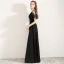 Affordable Black Evening Dresses  2019 A-Line / Princess V-Neck Bell sleeves Appliques Lace Flower Floor-Length / Long Ruffle Backless Formal Dresses