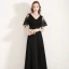 Affordable Black Evening Dresses  2019 A-Line / Princess V-Neck Bell sleeves Appliques Lace Flower Floor-Length / Long Ruffle Backless Formal Dresses