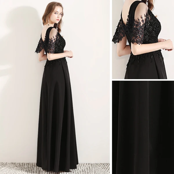 Affordable Black Evening Dresses 2019 A-Line / Princess V-Neck Bell sleeves Appliques Lace Flower Floor-Length / Long Ruffle Backless Formal Dresses