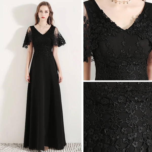 Affordable Black Evening Dresses 2019 A-Line / Princess V-Neck Bell sleeves Appliques Lace Flower Floor-Length / Long Ruffle Backless Formal Dresses