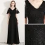 Affordable Black Evening Dresses  2019 A-Line / Princess V-Neck Bell sleeves Appliques Lace Flower Floor-Length / Long Ruffle Backless Formal Dresses