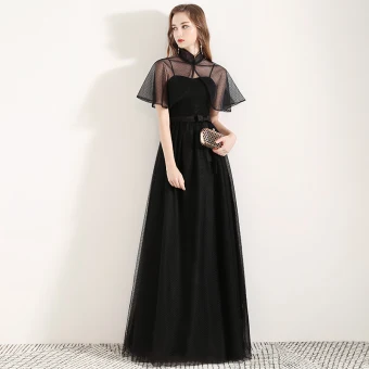 Style Chinois Noire Robe De Soirée Avec Châle 2019 Princesse Bretelles Spaghetti Sans Manches Noeud Ceinture Tachetée Tulle Longue Volants Dos Nu Robe De Ceremonie