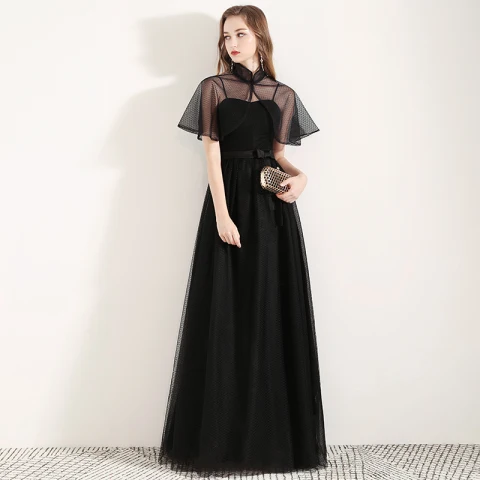 Chinese style Black Evening Dresses  With Shawl 2019 A-Line / Princess Spaghetti Straps Sleeveless Bow Sash Spotted Tulle Floor-Length / Long Ruffle Backless Formal Dresses