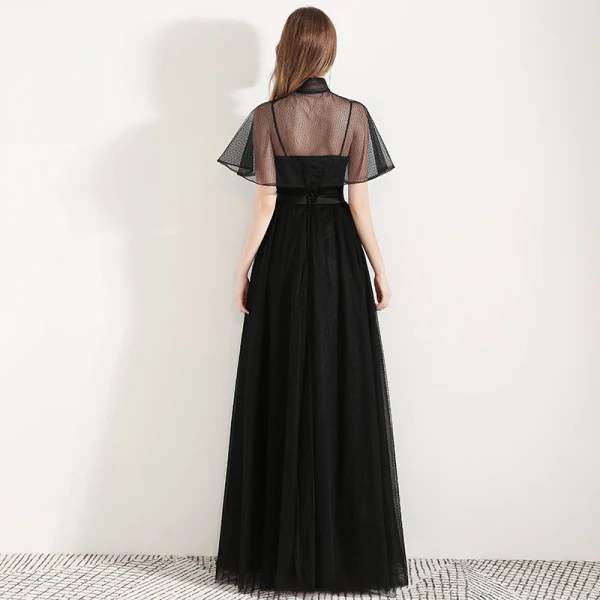 Style Chinois Noire Robe De Soirée Avec Châle 2019 Princesse Bretelles Spaghetti Sans Manches Noeud Ceinture Tachetée Tulle Longue Volants Dos Nu Robe De Ceremonie