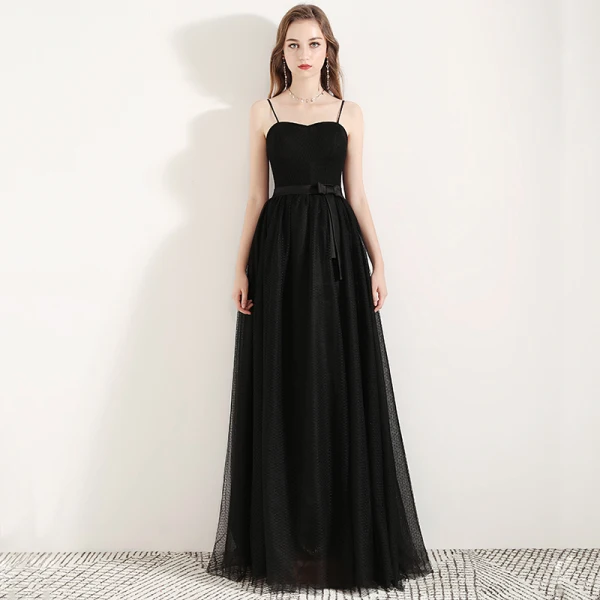 Style Chinois Noire Robe De Soirée Avec Châle 2019 Princesse Bretelles Spaghetti Sans Manches Noeud Ceinture Tachetée Tulle Longue Volants Dos Nu Robe De Ceremonie