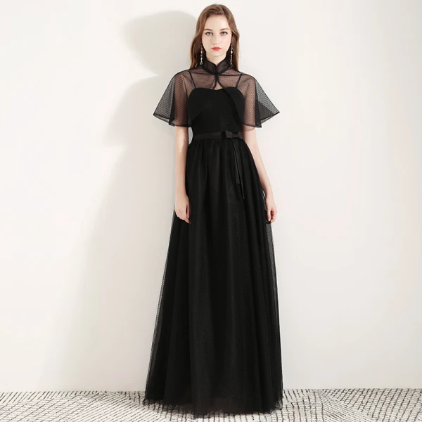 Style Chinois Noire Robe De Soirée Avec Châle 2019 Princesse Bretelles Spaghetti Sans Manches Noeud Ceinture Tachetée Tulle Longue Volants Dos Nu Robe De Ceremonie
