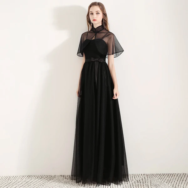 Style Chinois Noire Robe De Soirée Avec Châle 2019 Princesse Bretelles Spaghetti Sans Manches Noeud Ceinture Tachetée Tulle Longue Volants Dos Nu Robe De Ceremonie