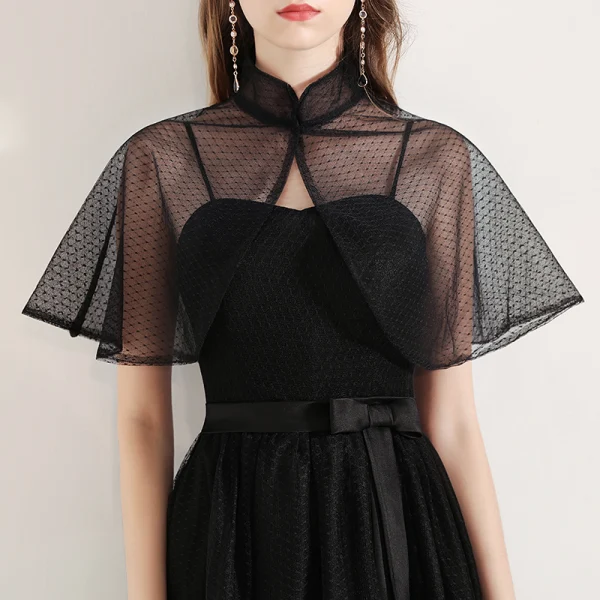 Style Chinois Noire Robe De Soirée Avec Châle 2019 Princesse Bretelles Spaghetti Sans Manches Noeud Ceinture Tachetée Tulle Longue Volants Dos Nu Robe De Ceremonie