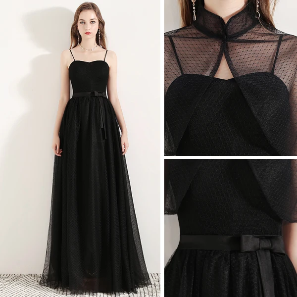 Style Chinois Noire Robe De Soirée Avec Châle 2019 Princesse Bretelles Spaghetti Sans Manches Noeud Ceinture Tachetée Tulle Longue Volants Dos Nu Robe De Ceremonie