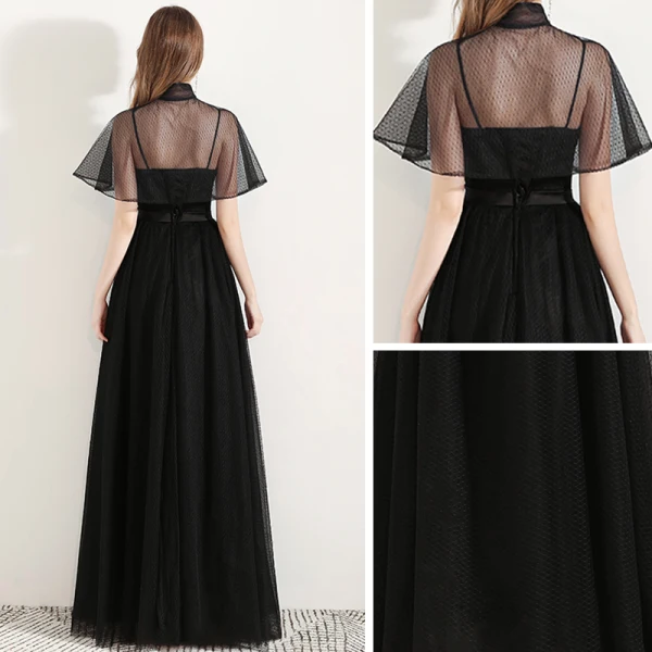 Style Chinois Noire Robe De Soirée Avec Châle 2019 Princesse Bretelles Spaghetti Sans Manches Noeud Ceinture Tachetée Tulle Longue Volants Dos Nu Robe De Ceremonie