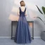 Abordable Bleu Marine Robe De Soirée 2019 Princesse V-Cou Sans Manches Ceinture Appliques En Dentelle Fleur Perlage Longue Volants Dos Nu Robe De Ceremonie