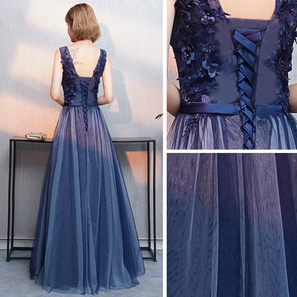 Abordable Bleu Marine Robe De Soirée 2019 Princesse V-Cou Sans Manches Ceinture Appliques En Dentelle Fleur Perlage Longue Volants Dos Nu Robe De Ceremonie