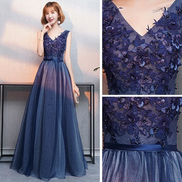 Abordable Bleu Marine Robe De Soirée 2019 Princesse V-Cou Sans Manches Ceinture Appliques En Dentelle Fleur Perlage Longue Volants Dos Nu Robe De Ceremonie