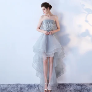 Chic Beautiful Grey Summer Cocktail Dresses 2019 A Line Princess Strapless Sleeveless Appliques Lace Asymmetrical Ruffle Backless Formal Dresses