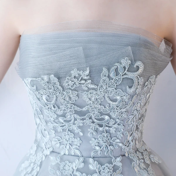 Chic / Belle Gris Été Robe De Cocktail 2019 Princesse Bustier Sans Manches Appliques En Dentelle Asymétrique Volants Dos Nu Robe De Ceremonie