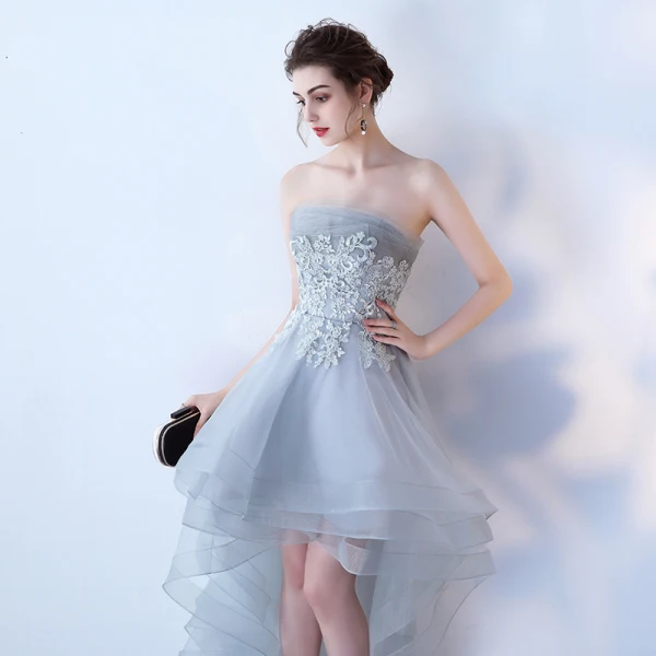Chic / Belle Gris Été Robe De Cocktail 2019 Princesse Bustier Sans Manches Appliques En Dentelle Asymétrique Volants Dos Nu Robe De Ceremonie