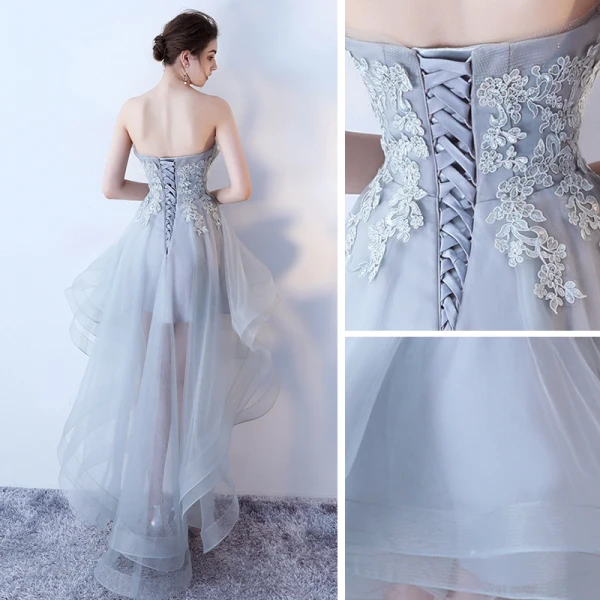 Chic / Belle Gris Été Robe De Cocktail 2019 Princesse Bustier Sans Manches Appliques En Dentelle Asymétrique Volants Dos Nu Robe De Ceremonie