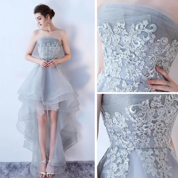 Chic / Belle Gris Été Robe De Cocktail 2019 Princesse Bustier Sans Manches Appliques En Dentelle Asymétrique Volants Dos Nu Robe De Ceremonie