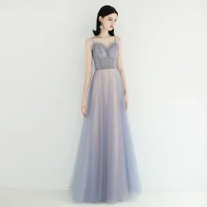 Elegant Sky Blue Pearl Pink Evening Dresses 2019 A Line Princess Spaghetti Straps Sleeveless Sequins Beading Floor Length Long Ruffle Backless Formal Dresses