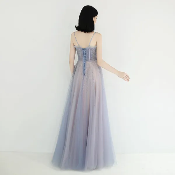 Elegante Himmelblau Pearl Rosa Abendkleider 2019 A Linie Spaghettiträger Ärmellos Pailletten Perlenstickerei Lange Rüschen Rückenfreies Festliche Kleider