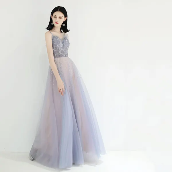 Elegante Himmelblau Pearl Rosa Abendkleider 2019 A Linie Spaghettiträger Ärmellos Pailletten Perlenstickerei Lange Rüschen Rückenfreies Festliche Kleider