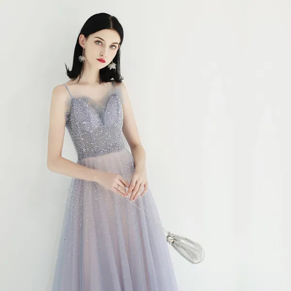 Elegante Himmelblau Pearl Rosa Abendkleider 2019 A Linie Spaghettiträger Ärmellos Pailletten Perlenstickerei Lange Rüschen Rückenfreies Festliche Kleider
