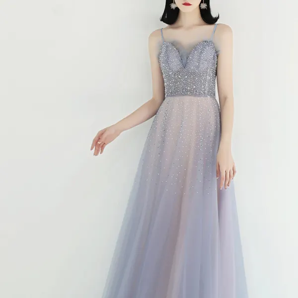 Elegante Himmelblau Pearl Rosa Abendkleider 2019 A Linie Spaghettiträger Ärmellos Pailletten Perlenstickerei Lange Rüschen Rückenfreies Festliche Kleider