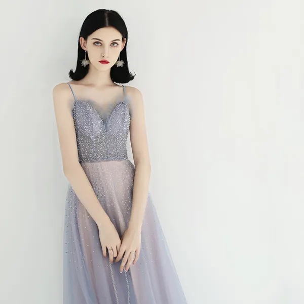 Elegante Himmelblau Pearl Rosa Abendkleider 2019 A Linie Spaghettiträger Ärmellos Pailletten Perlenstickerei Lange Rüschen Rückenfreies Festliche Kleider